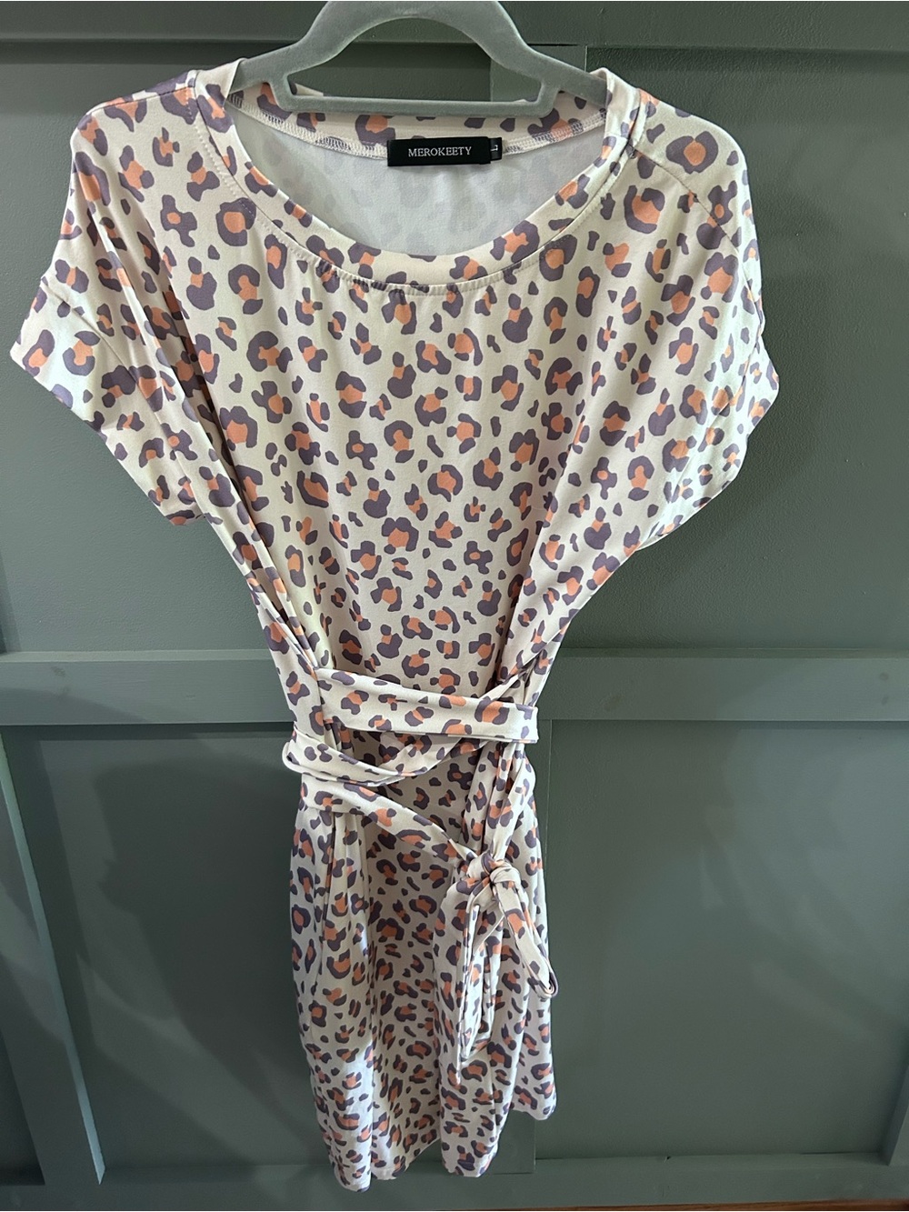 Merokeety Women’s Leopard Print Tie-Waist Dress in Cream and lavender